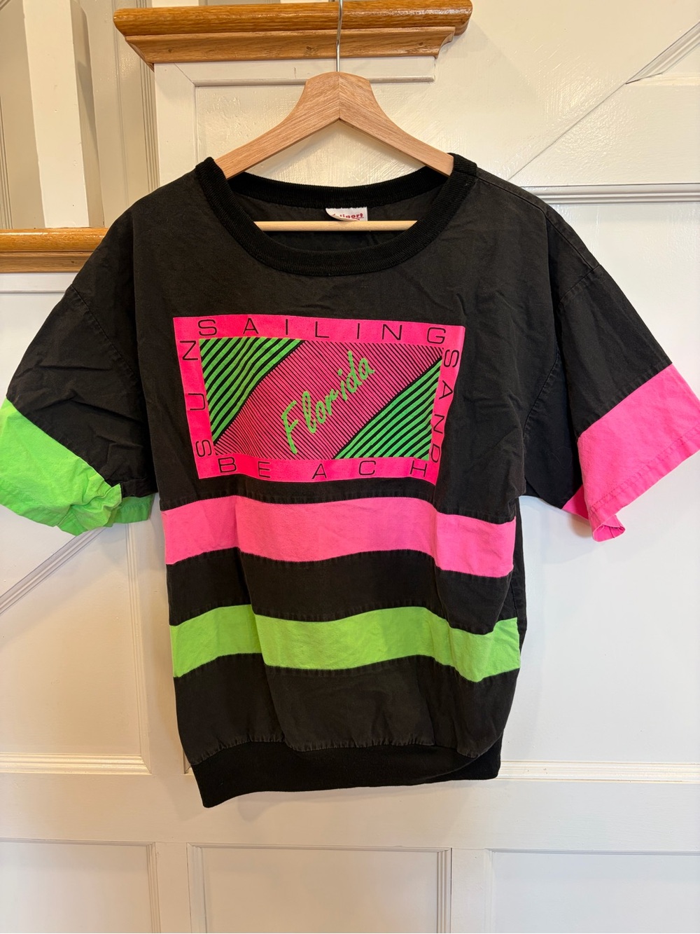 Vintage 1980s Color Block Neon Sun Sailing Sand Beach Florida Diport USA Women M